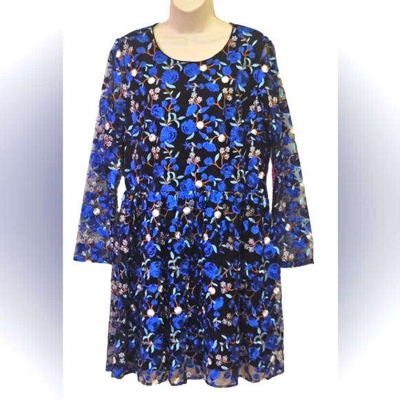 Belle Badgley Mischka Blue/Black Floral MultiColor Embroidered Dress,Size 14,NWT - Picture 11 of 15